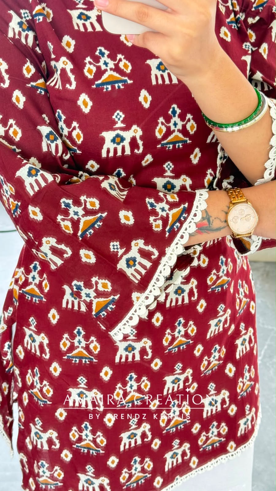 Ethnic Marrron Patchwork Print Short Kurti with Back Knot Dori