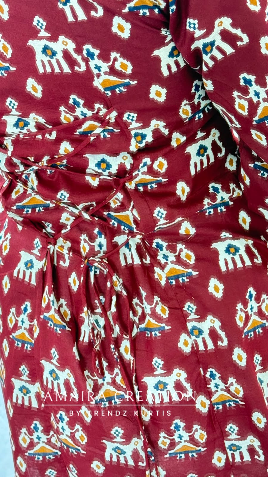 Ethnic Marrron Patchwork Print Short Kurti with Back Knot Dori