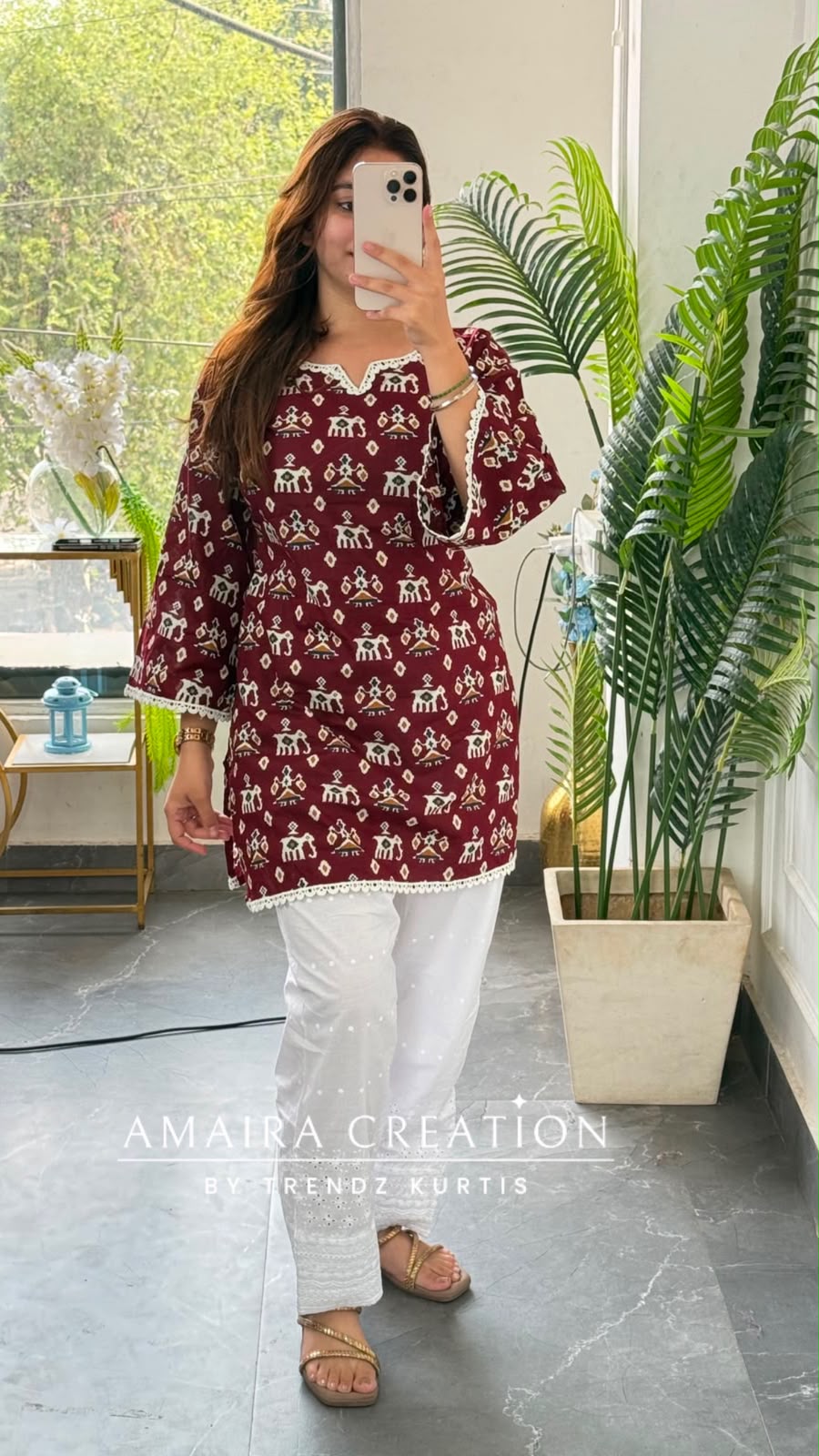 Ethnic Marrron Patchwork Print Short Kurti with Back Knot Dori