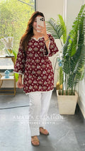 Ethnic Marrron Patchwork Print Short Kurti with Back Knot Dori