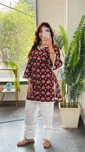Ethnic Marrron Patchwork Print Short Kurti with Back Knot Dori