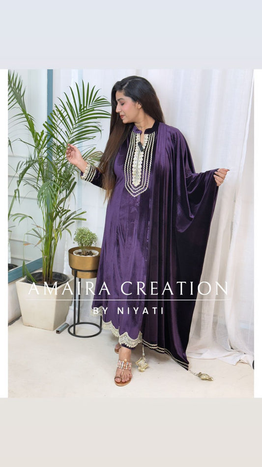 Purple Velvet Anarkali Set