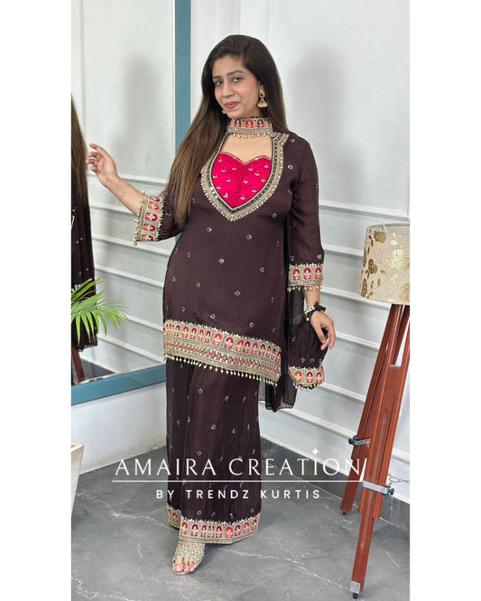 Premium Chinnon  Brown Colour Burster Neck Design Full Ghera Divider Set