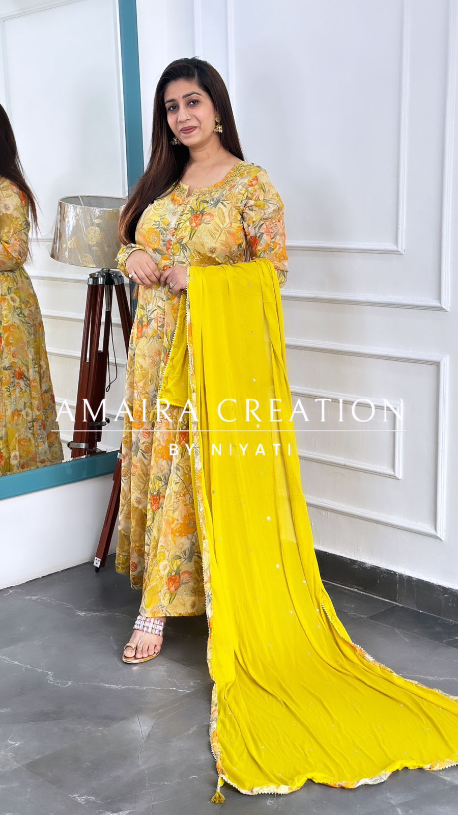 Mustard Color Chinnon Anarkali Set