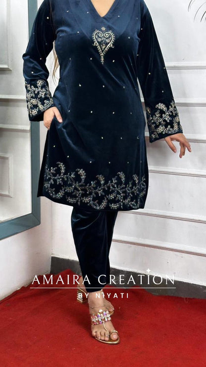 Navy Blue Indo western Velvet Suit