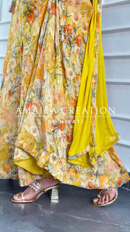 Mustard Color Chinnon Anarkali Set