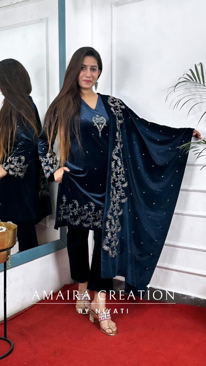 Navy Blue Indo western Velvet Suit