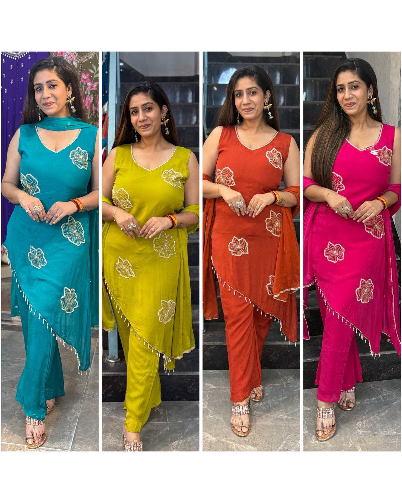 Premium Chinnon Fabric Designer Pant Set(8 inches sleeves available)