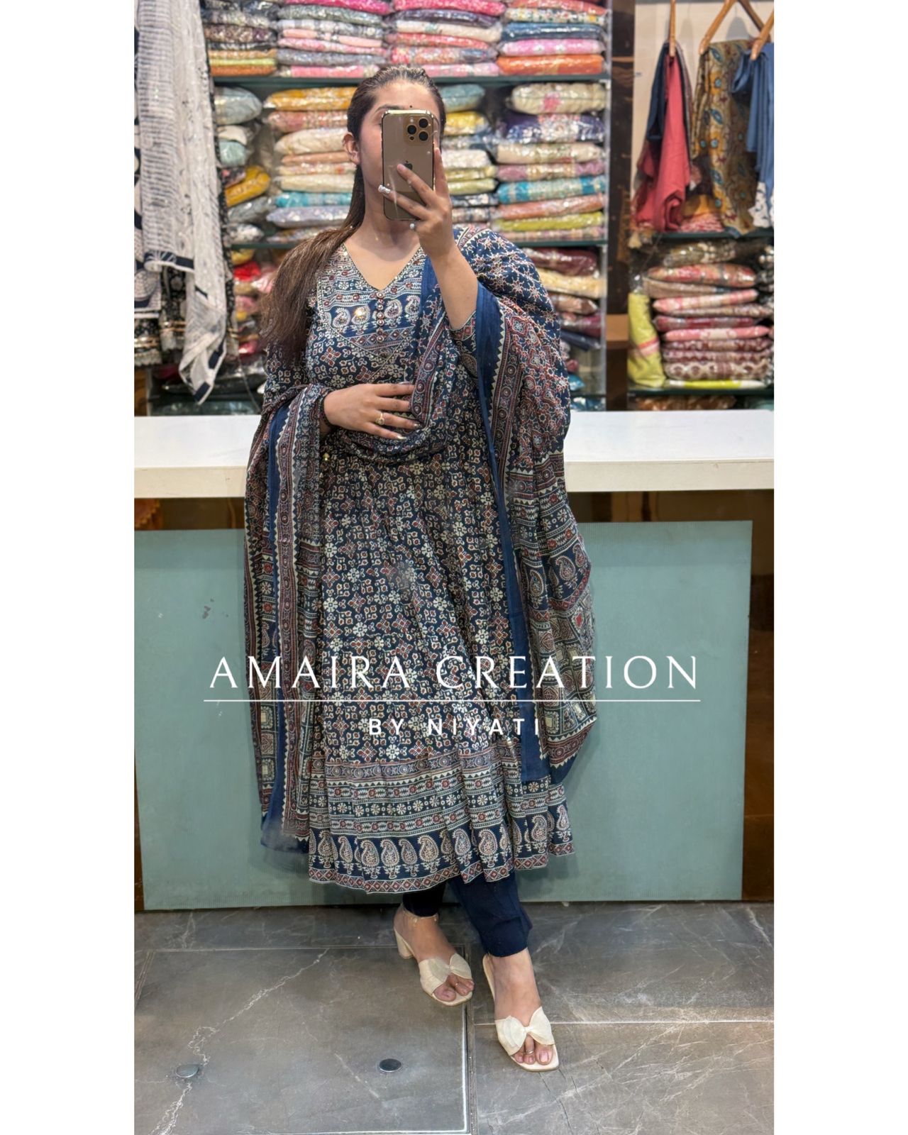 Blue Color Ajrak Print Anarkali Set