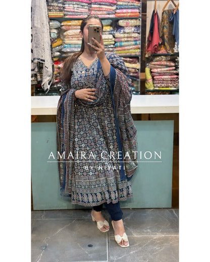 Blue Color Ajrak Print Anarkali Set