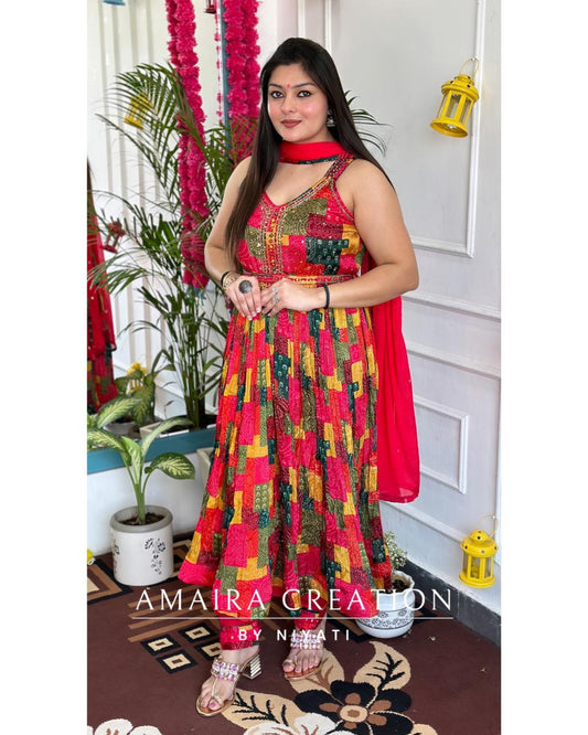 Multicolour Chinnon Anarkali Set