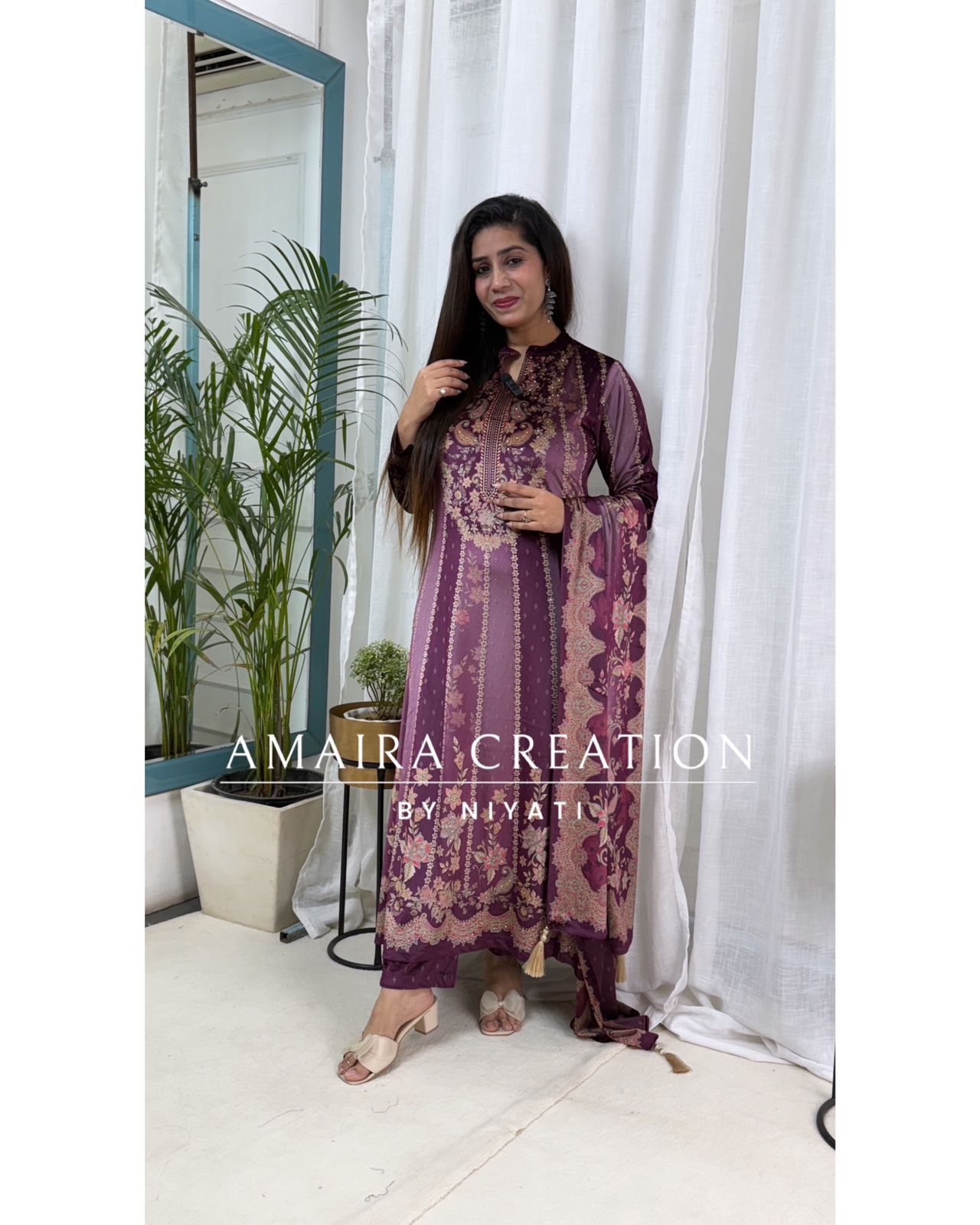 Mauve Printed Velvet Stretchable Anarkali Set