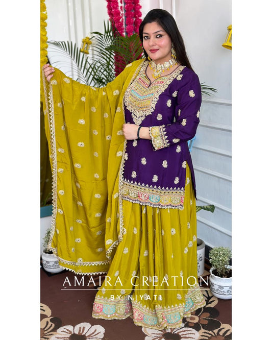 Mustard Yellow Garara Set Contrasted with Purple Top