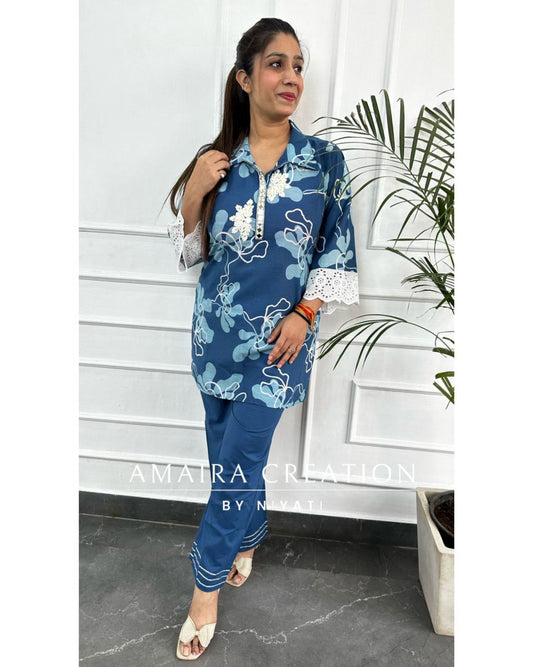 Blue Floral Printed Cotton Cord Set