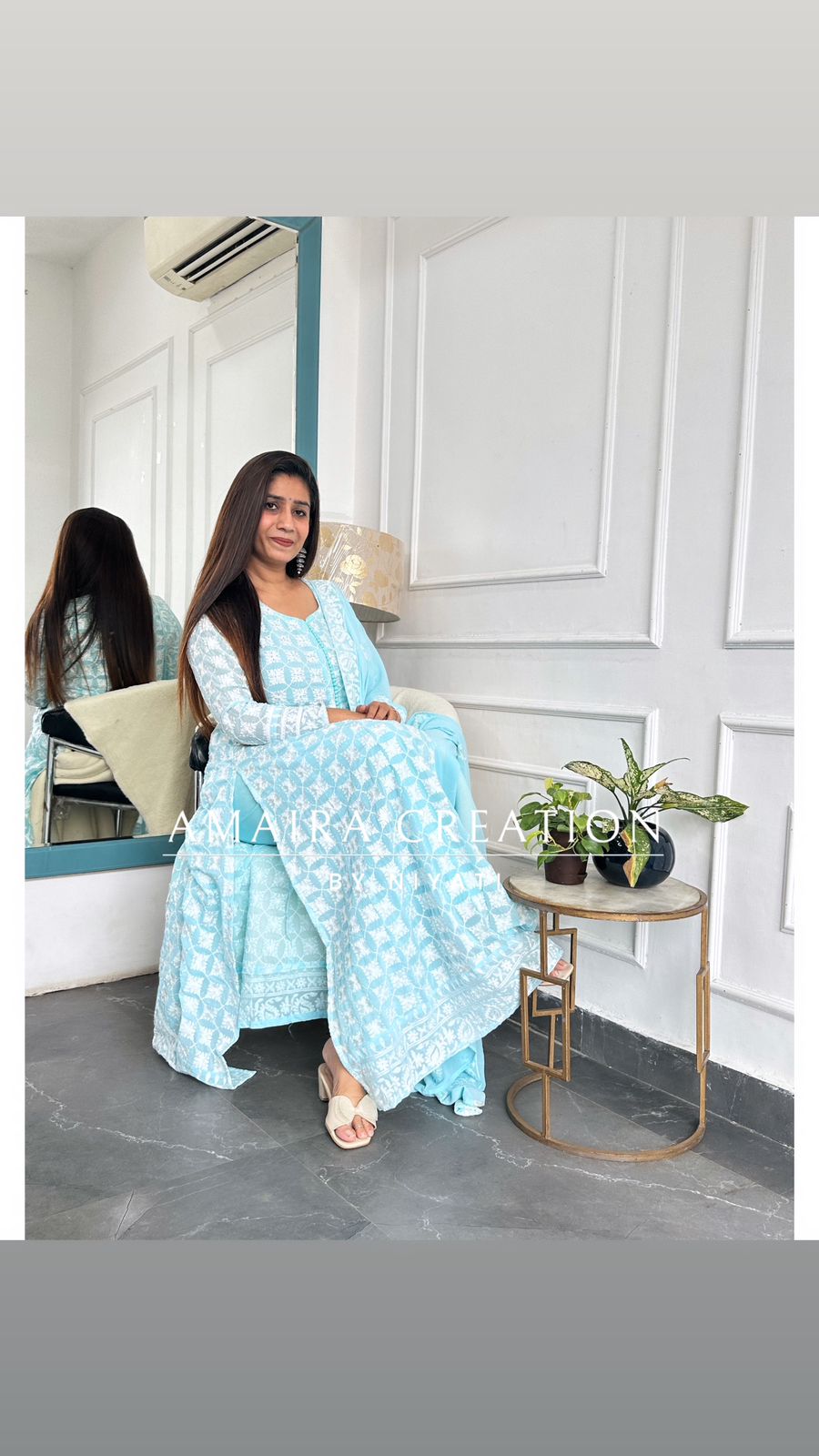 Sky Blue Color ChikaniKari Anarkali with Front And Side Slit