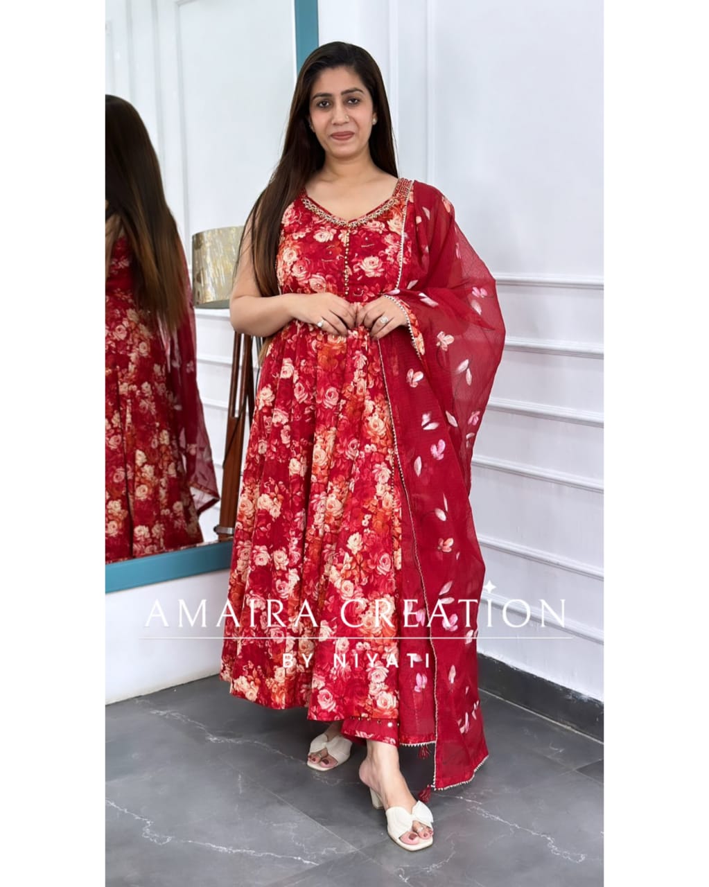 Apple Color Afghani Pant Anarkali With Kota Dupatta