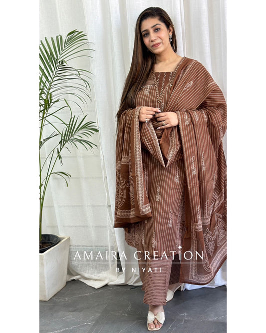 Brown Color Cotton A-Line Pant Set
