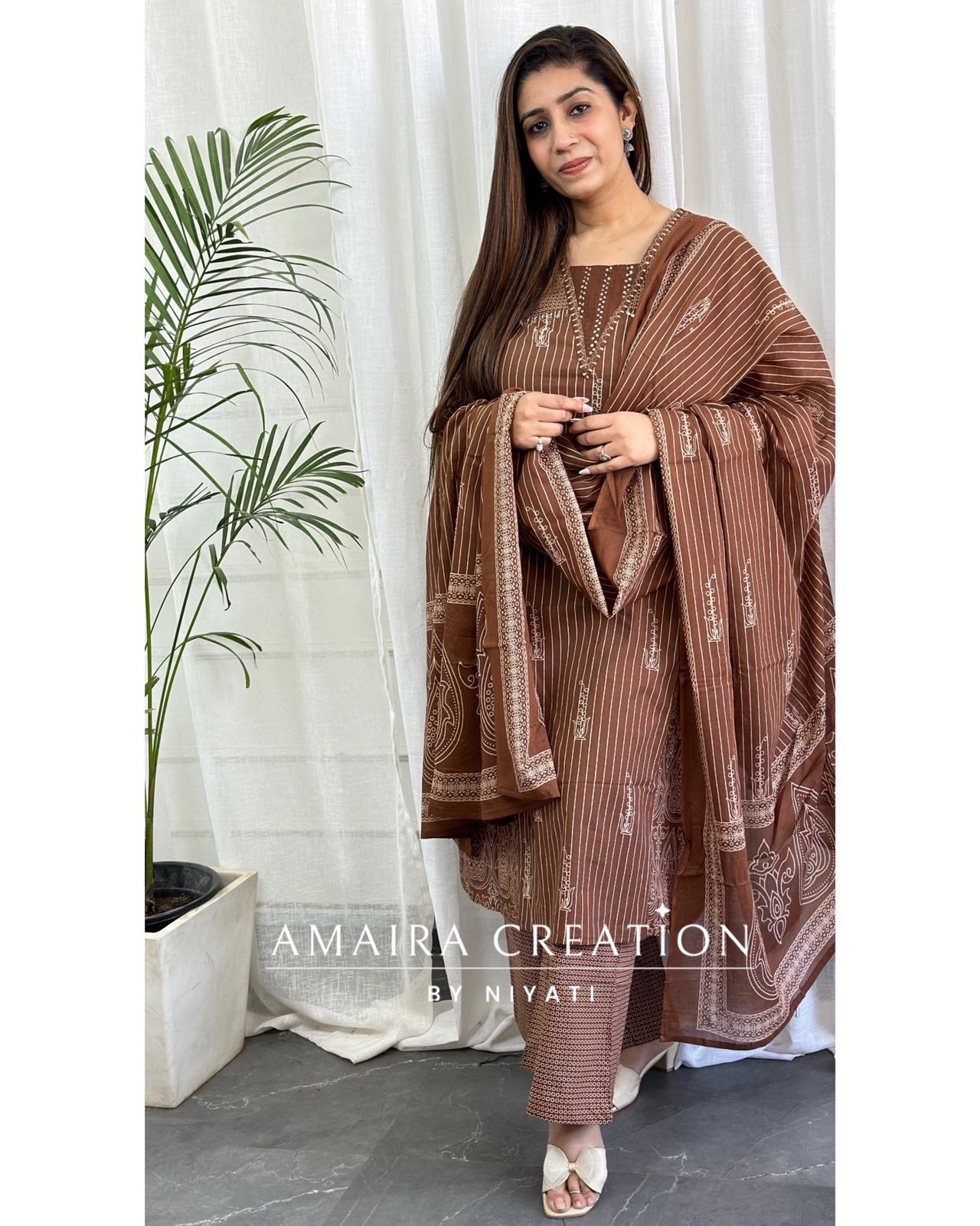 Brown Color Cotton A-Line Pant Set