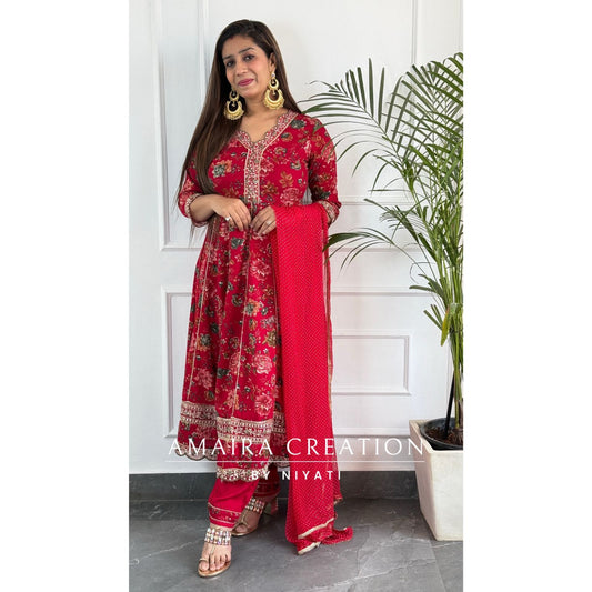 Red Printed Cotton Anarkali Set
