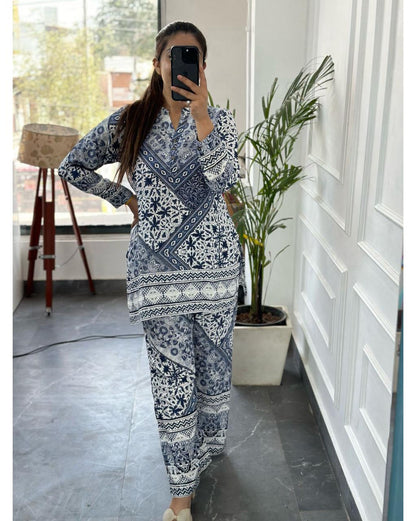 Reyon Fabric White & Blue Cordset