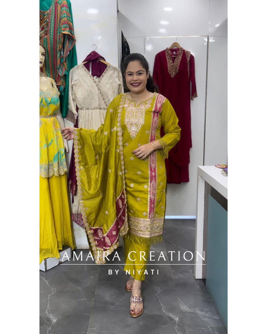 Mehendi Green Pakistani Cotton Silk Pant Set