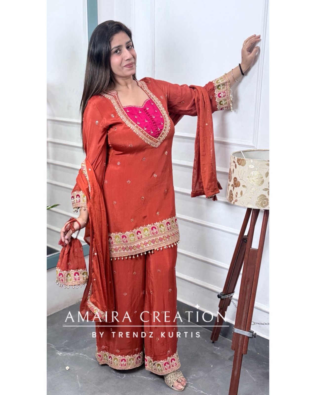 Premium Chinnon Rust Colour Burster Neck Design Full Ghera Divider Set