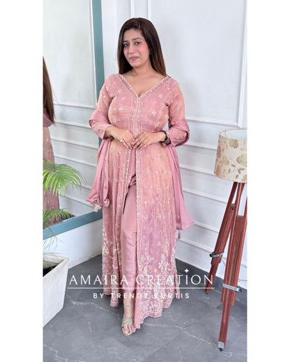 Premium Peach Glass Tissue Fabric Fully Hand Work Centre Slit  Pant Set.