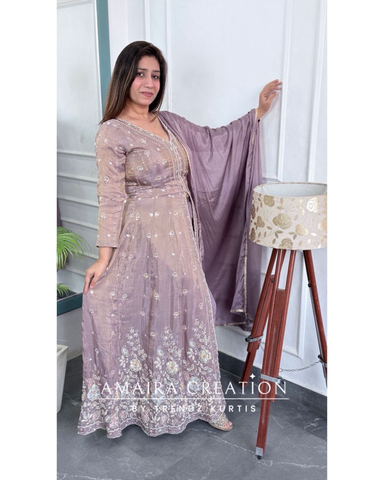 Premium Lavender Glass Tissue Fabric Fully Hand Work Centre Slit Pant Set.